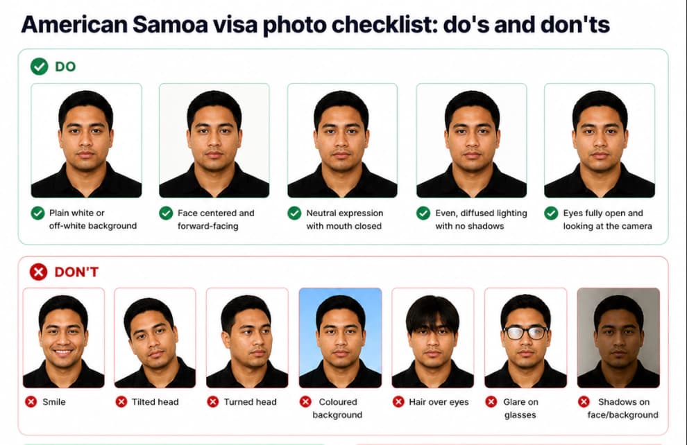 American Samoa visa photo checklist with correct examples and rejected mistakes such as smile, tilted head, coloured background, and hair over eyes