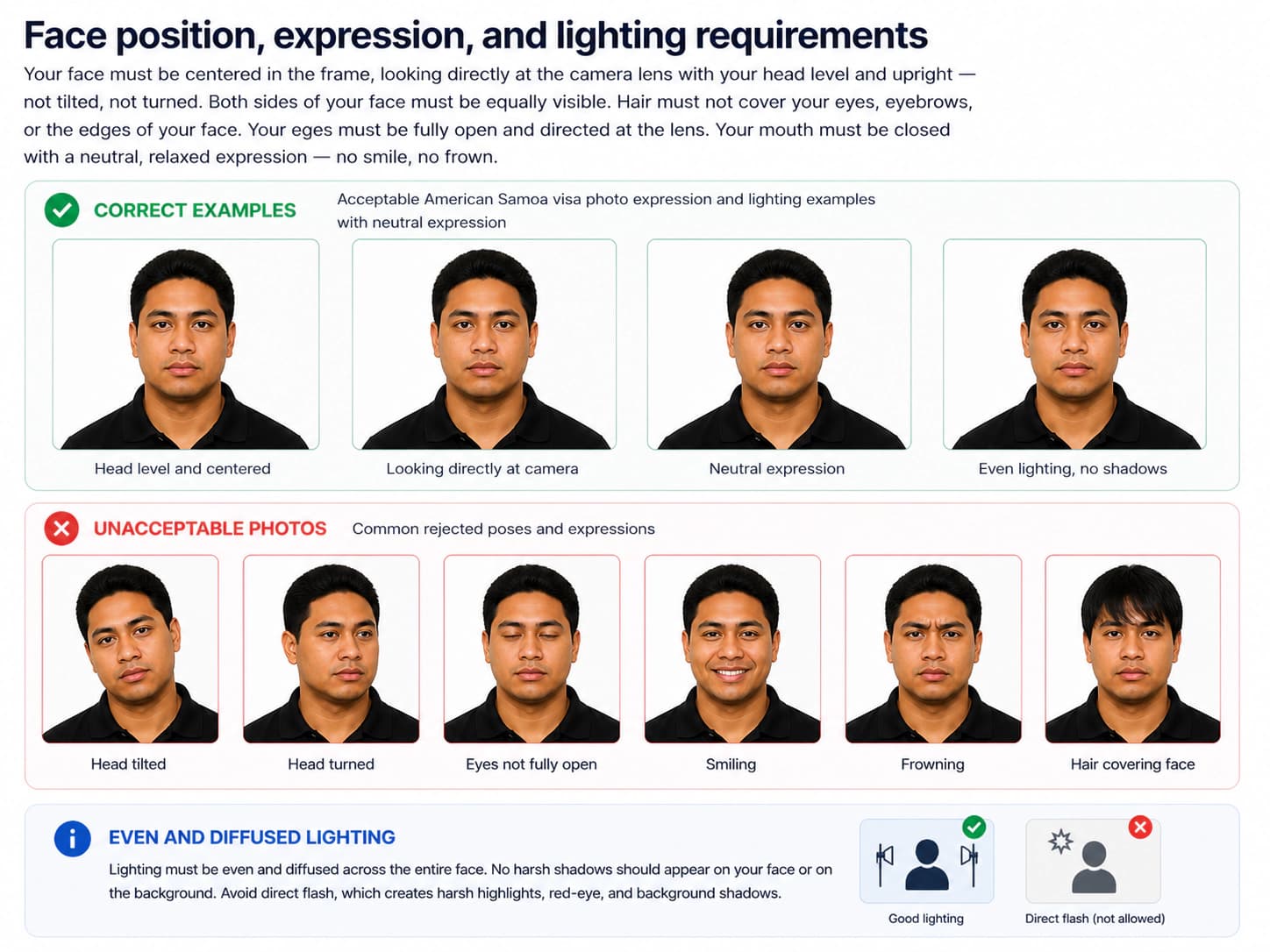 American Samoa visa photo expression and lighting