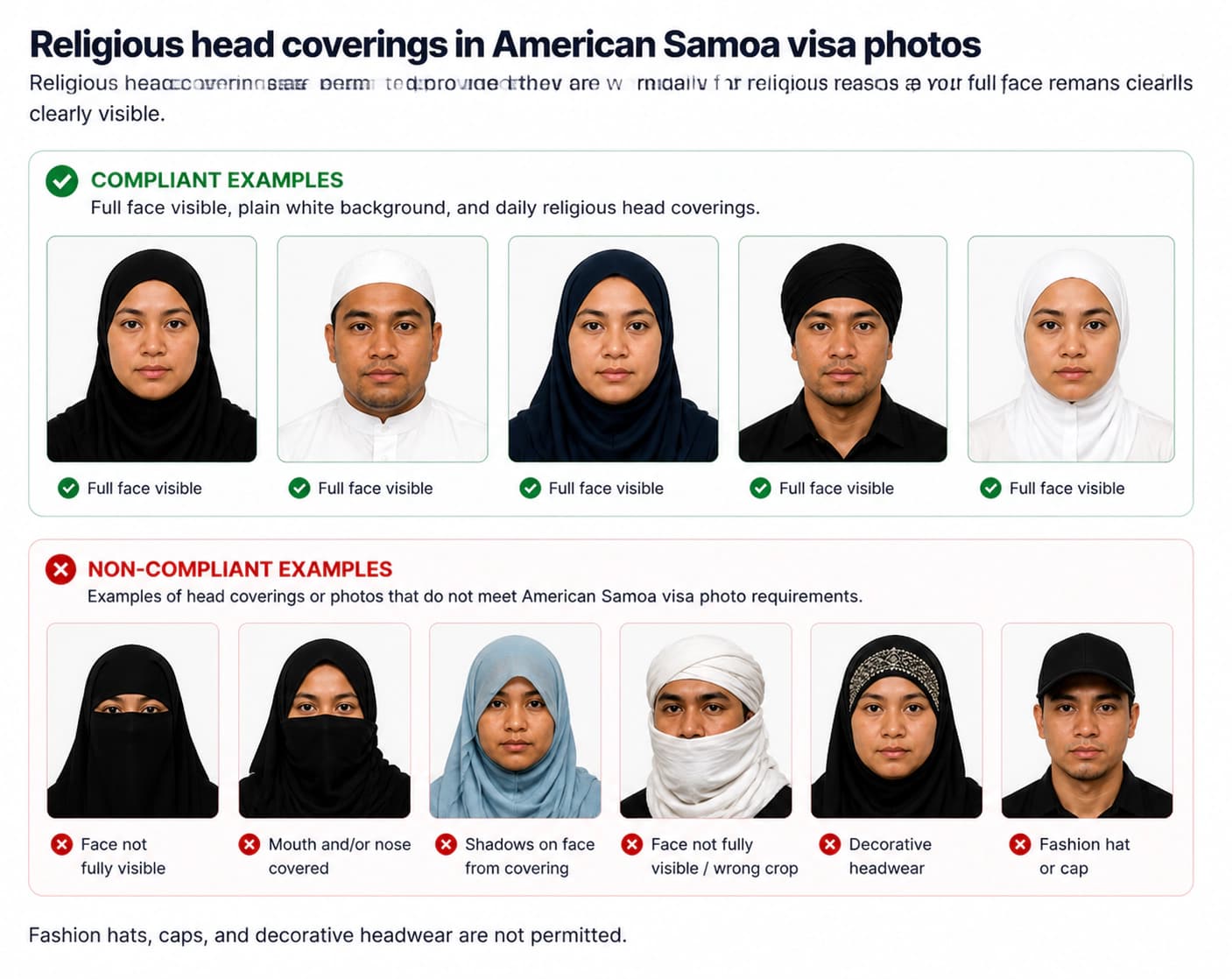 Religious head covering rules for American Samoa visa photos with compliant and non-compliant examples