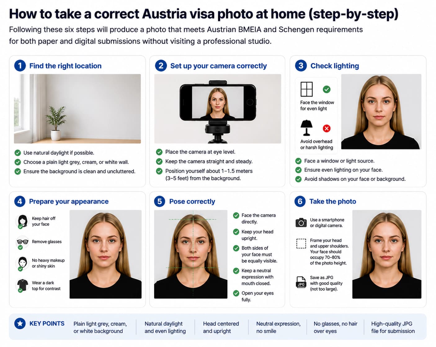 At-home Austria visa photo setup with natural daylight, plain light grey background, camera at eye level, and neutral expression