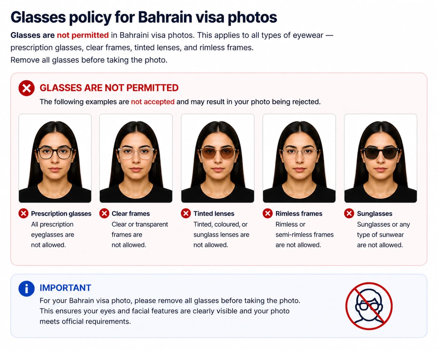 Bahrain visa photo glasses policy