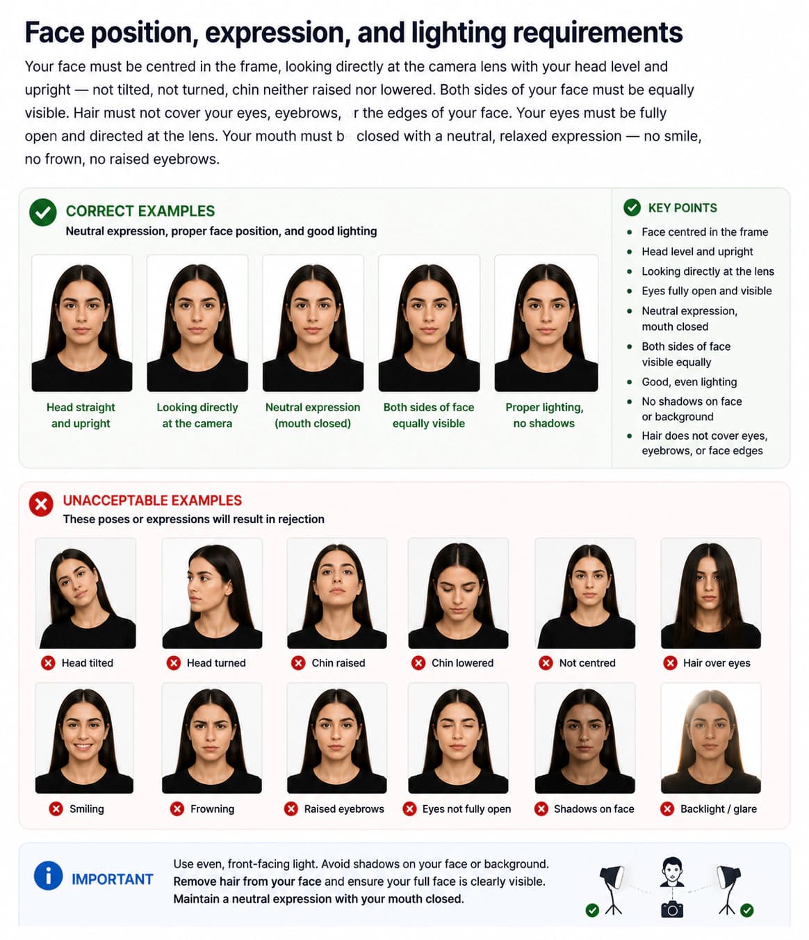 Belgium visa photo expression and lighting