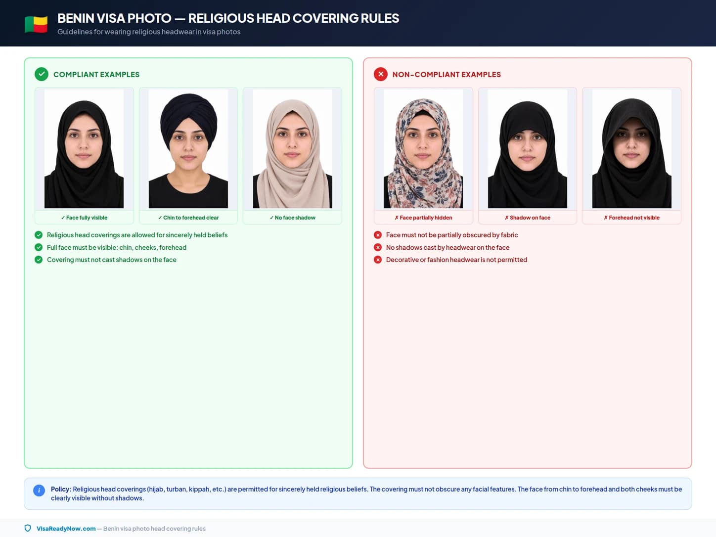 Religious head coverings and medical headwear rules for Benin visa photos