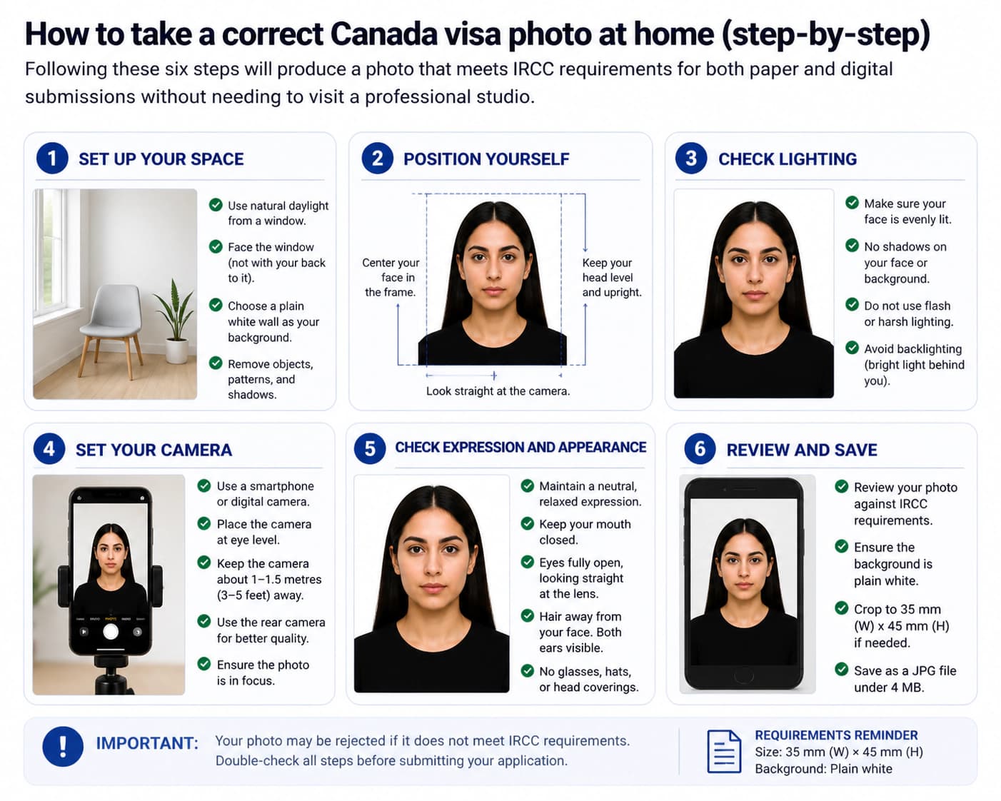 At-home Canada visa photo setup with natural daylight, plain white background, camera at eye level, and neutral expression