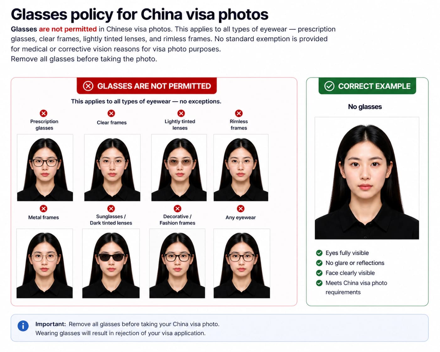 China visa photo glasses policy showing no glasses permitted