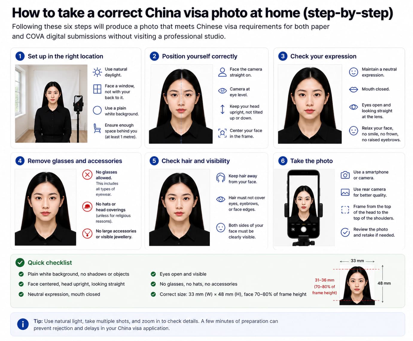 At-home China visa photo setup with natural daylight, plain white background, camera at eye level, and neutral expression