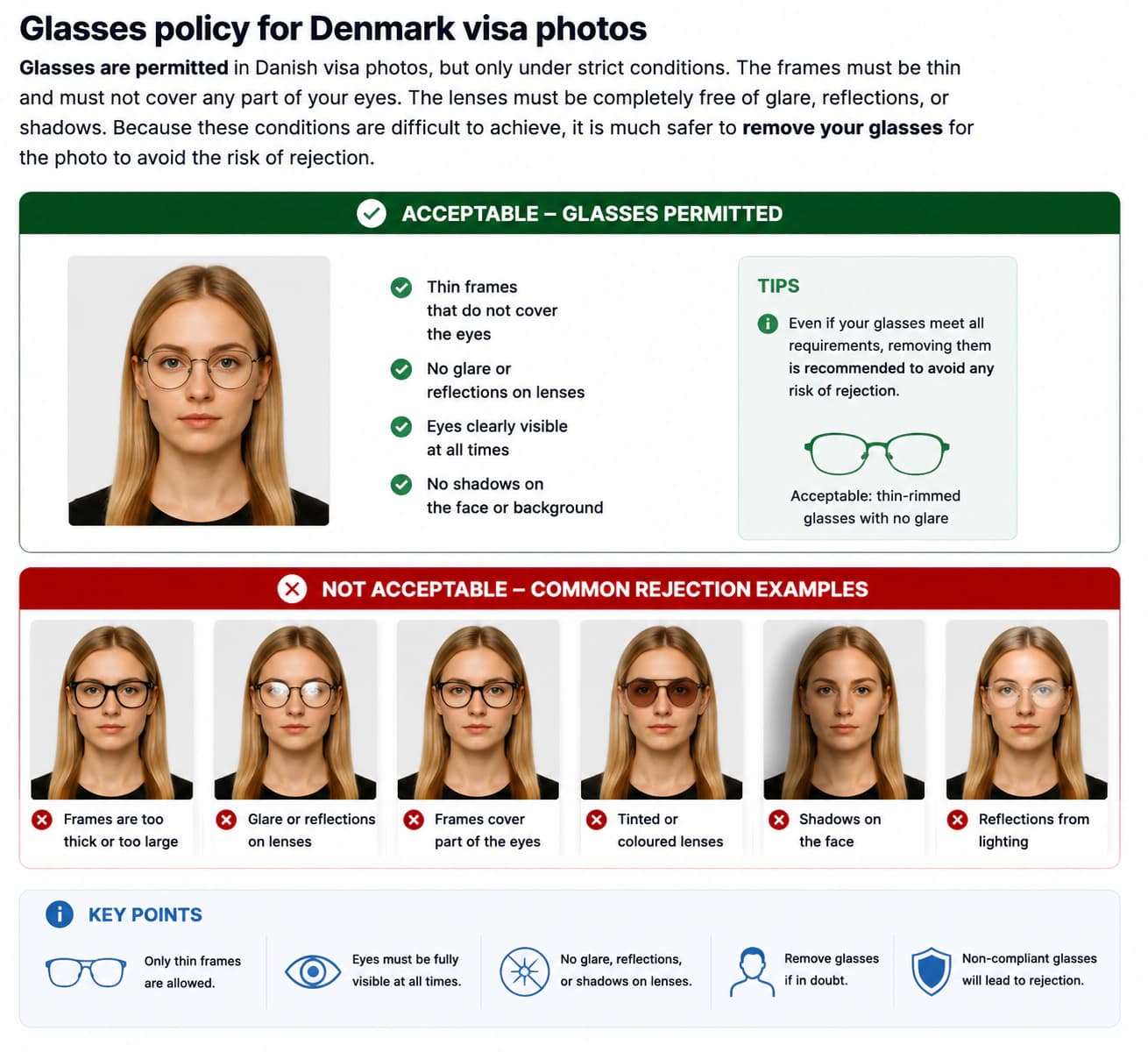 Denmark visa photo glasses policy